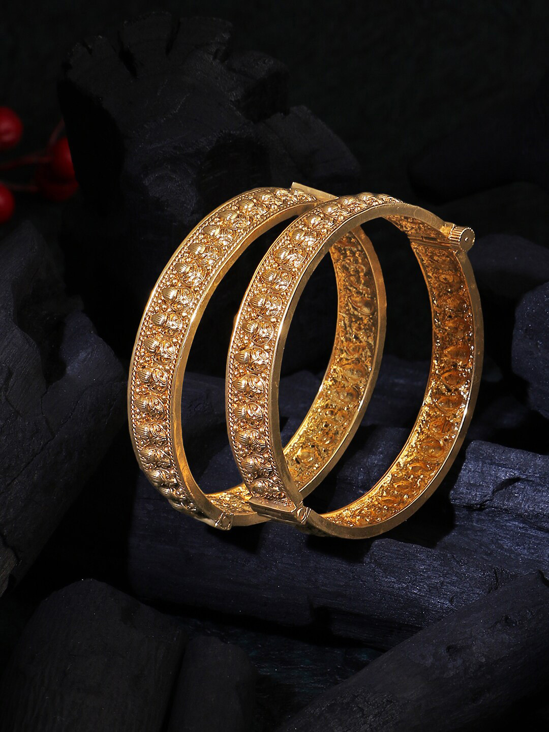 Adwitiya Collection Set Of 2 Gold-Plated Flower Temple Bangles