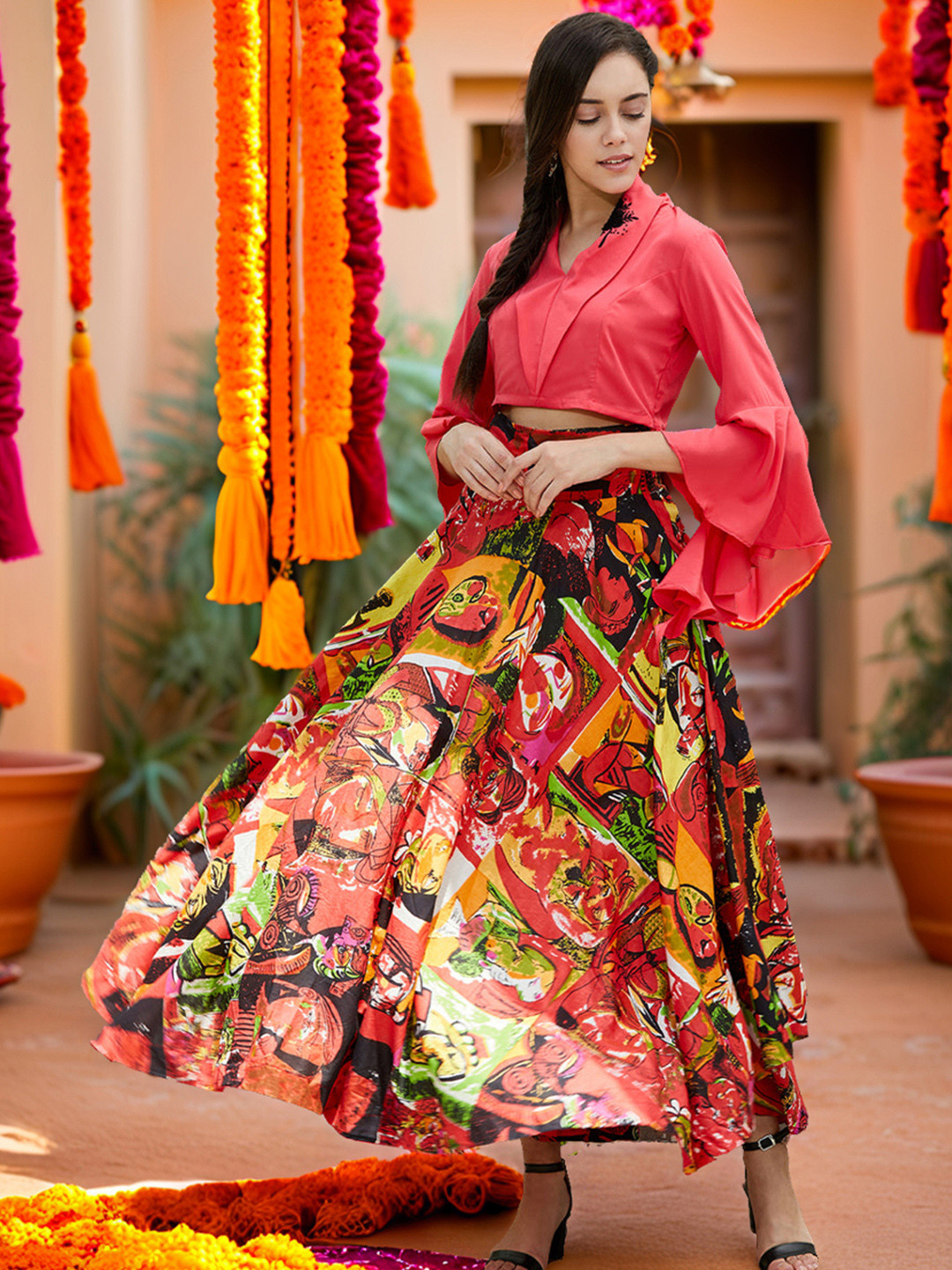Pannkh Women Embroidered Top with Abstract Printed Skirt