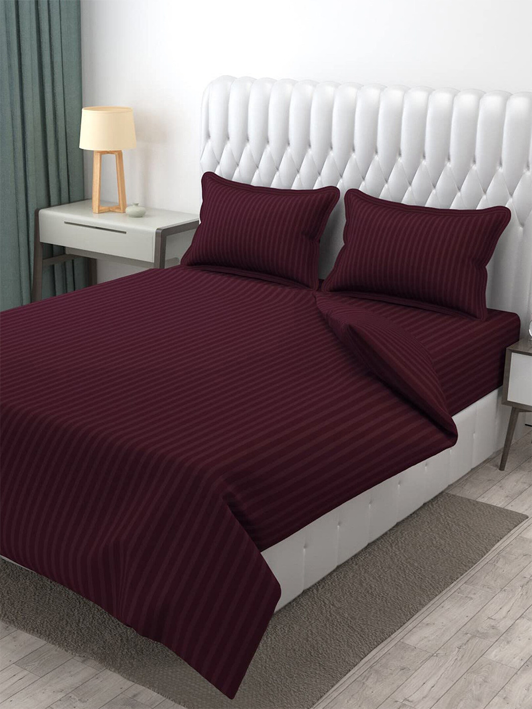 Hammer Home Magenta Striped 200 TC King Fine Bedsheet with 2 Pillow Covers