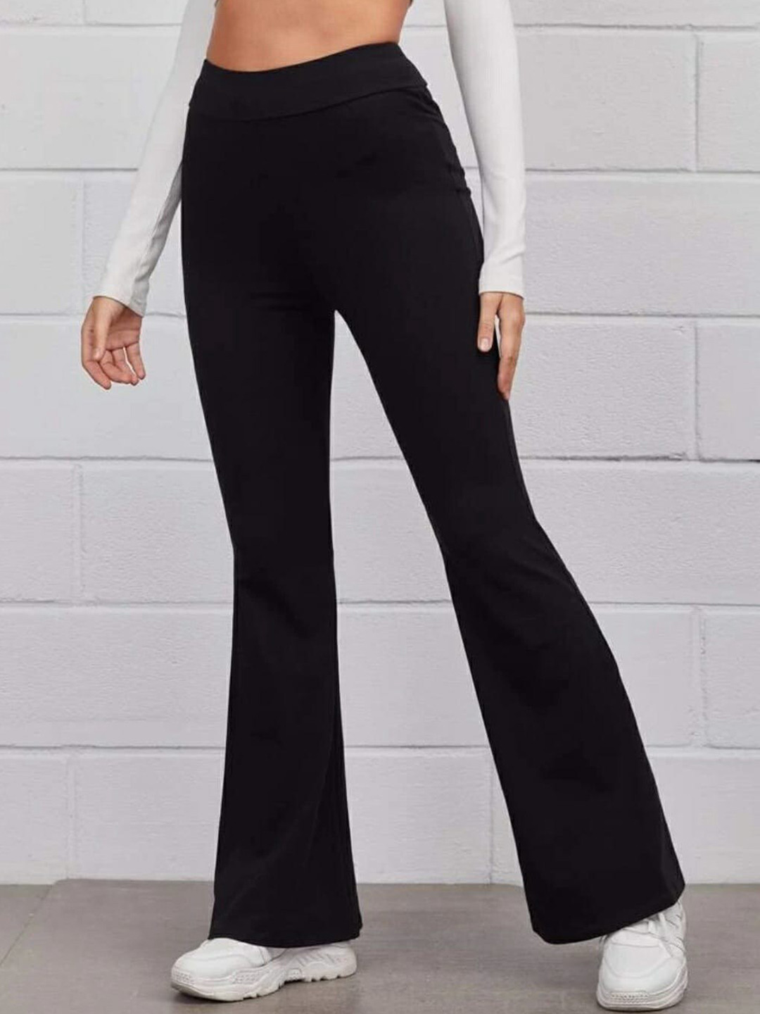BROADSTAR Women Relaxed Straight Leg Flared High-Rise Easy Wash Trousers