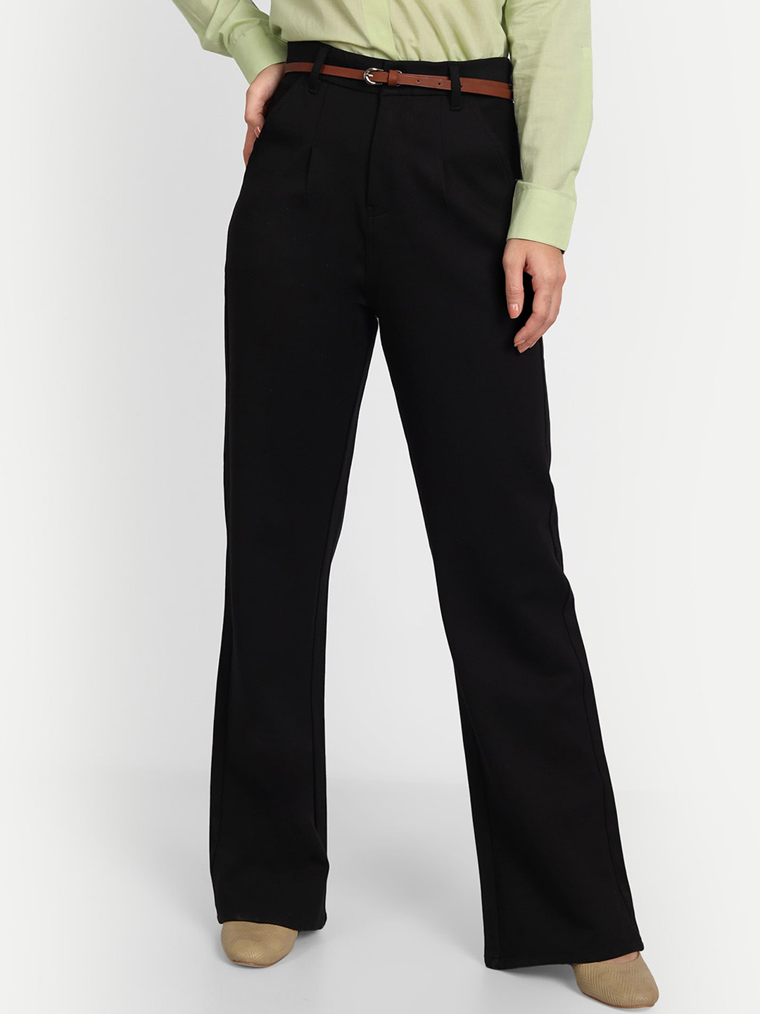 Next One Women Relaxed Straight Leg Loose Fit High-Rise Easy Wash Pleated Trousers