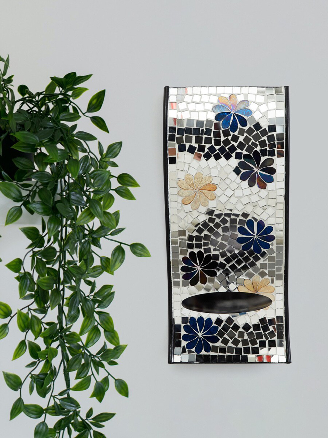 Home Centre Corsica Blue & Black Textured Glass Wall Candle Holder