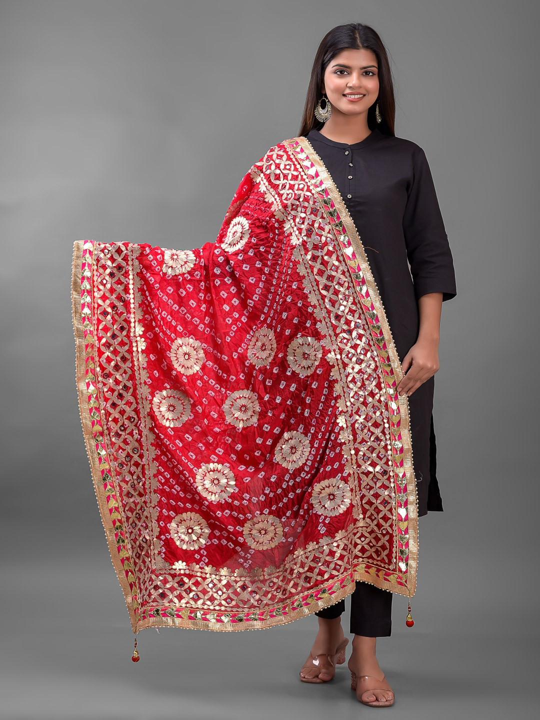 Apratim Printed Art Silk Bandhani Dupatta with Gotta Patti