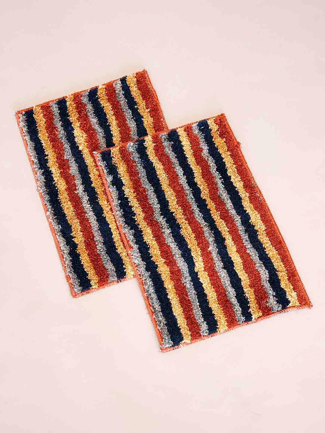 Ariana 2 Pcs Grey & Orange-Colored Striped 1600 GSM Microfibre Anti-Skid Bath Rugs