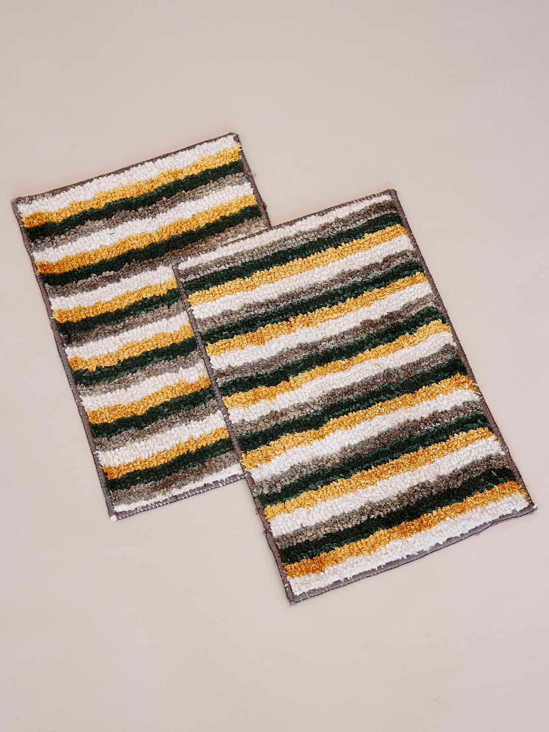 Ariana 2 Pcs Yellow & White Striped 1600 GSM Microfibre Anti-Skid Bath Rugs