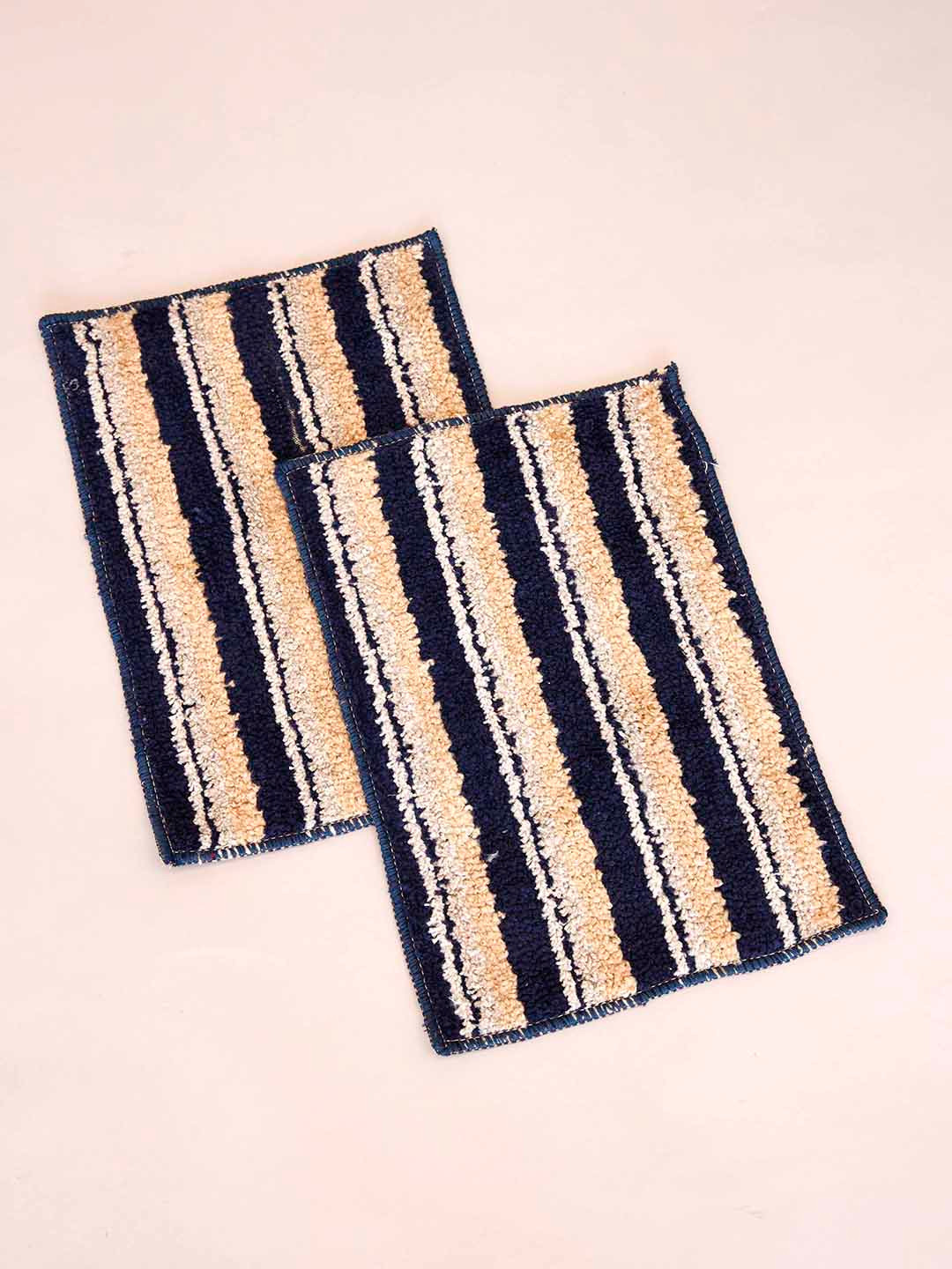 Ariana 2 Pcs Cream-Coloured & Navy Blue Striped 1600 GSM Microfibre Anti-Skid Bath Rugs