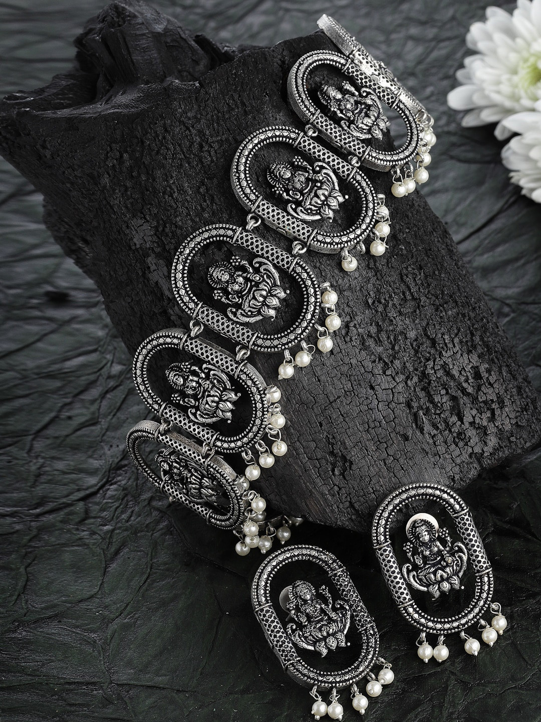 PANASH Silver-Plated Oxidized Antique Temple Jewellery Set