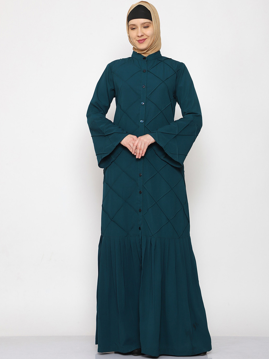 MOMIN LIBAS Front Open Bell Sleeves Abaya Burqas with Pleated Work