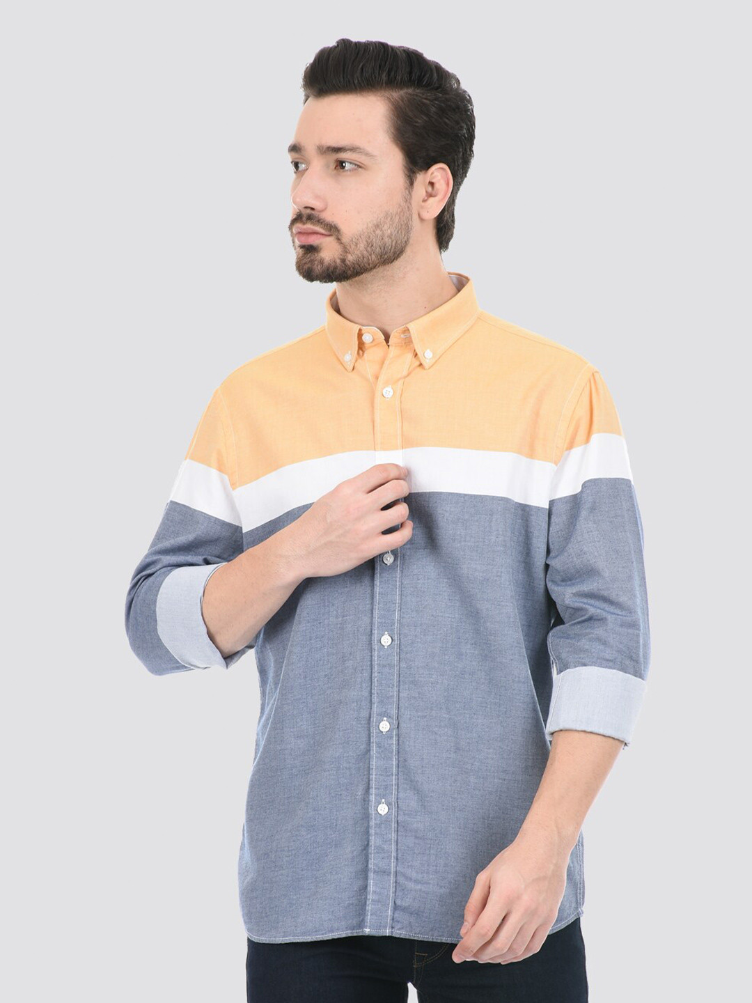 LONDON FOG Men Grey Colourblocked Casual Cotton Shirt