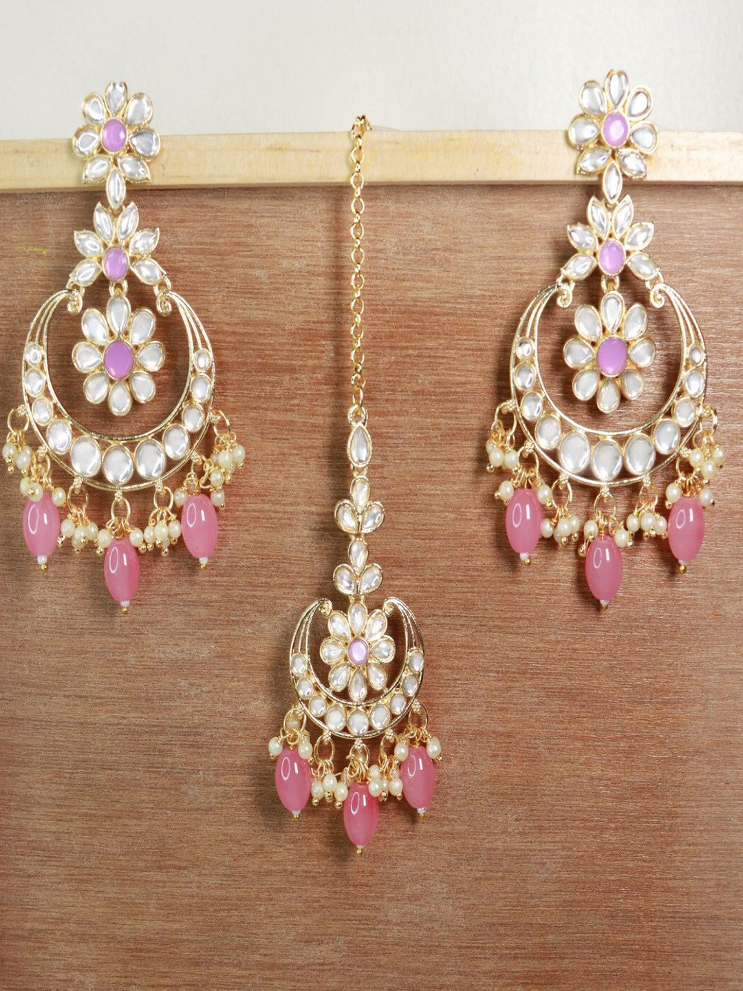 I Jewels Gold-Plated Kundan-Studded & Pearl Beaded Chandbali Jewellery Set