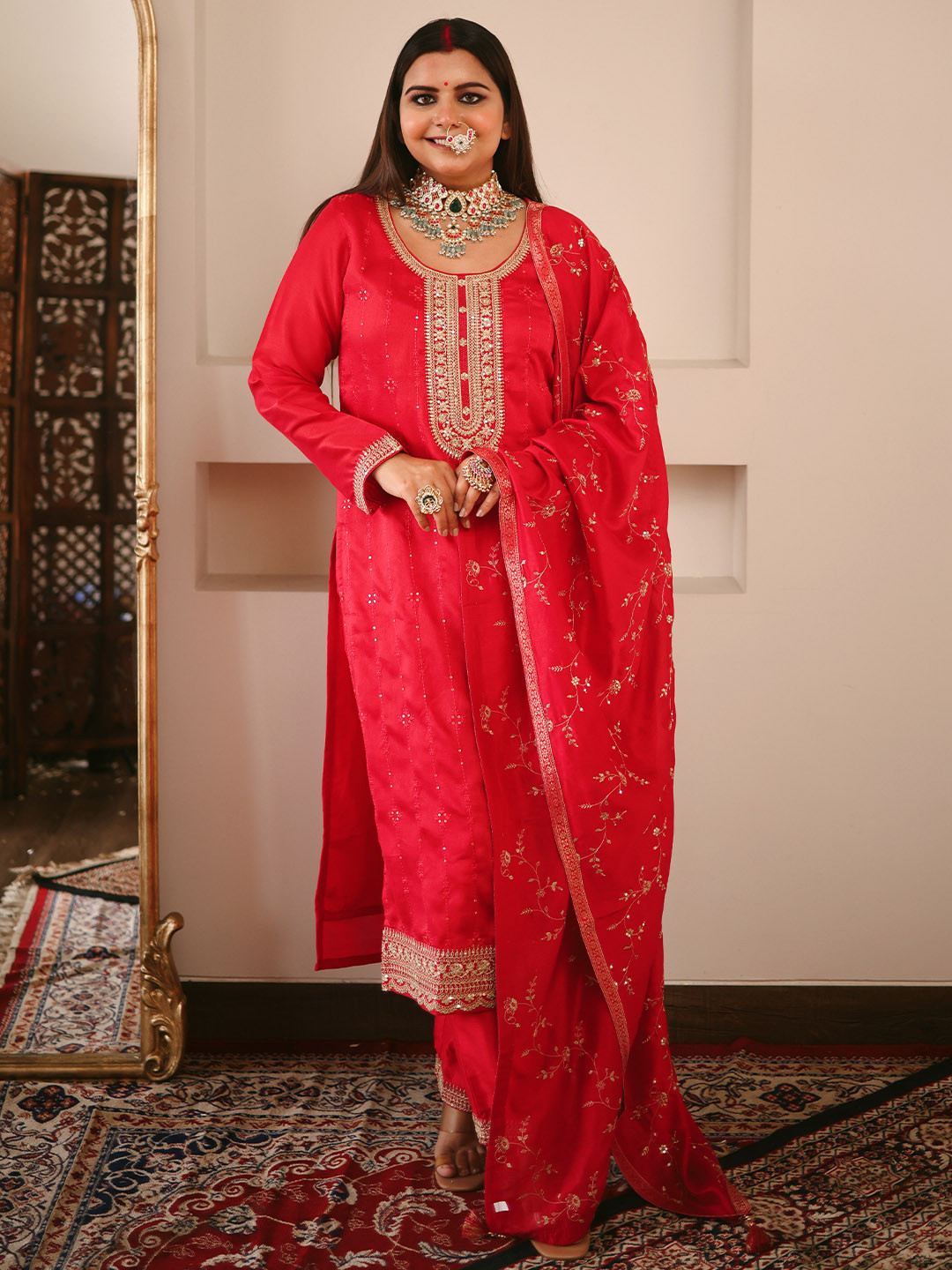 Libas Magenta Floral Embroidered Kurta with Trousers & With Dupatta