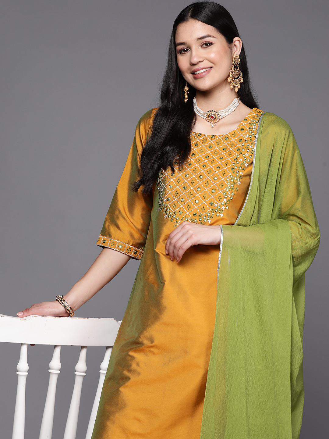 Libas Mustard Yellow Floral Yoke Design Mirror Work Kurta with Trousers & With Dupatta