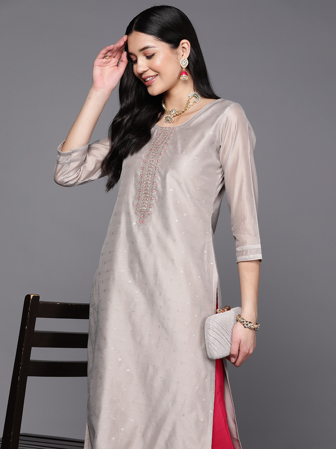 Libas Women Ethnic Motifs Sequins Embroidered Pastels Chanderi Silk Kurta