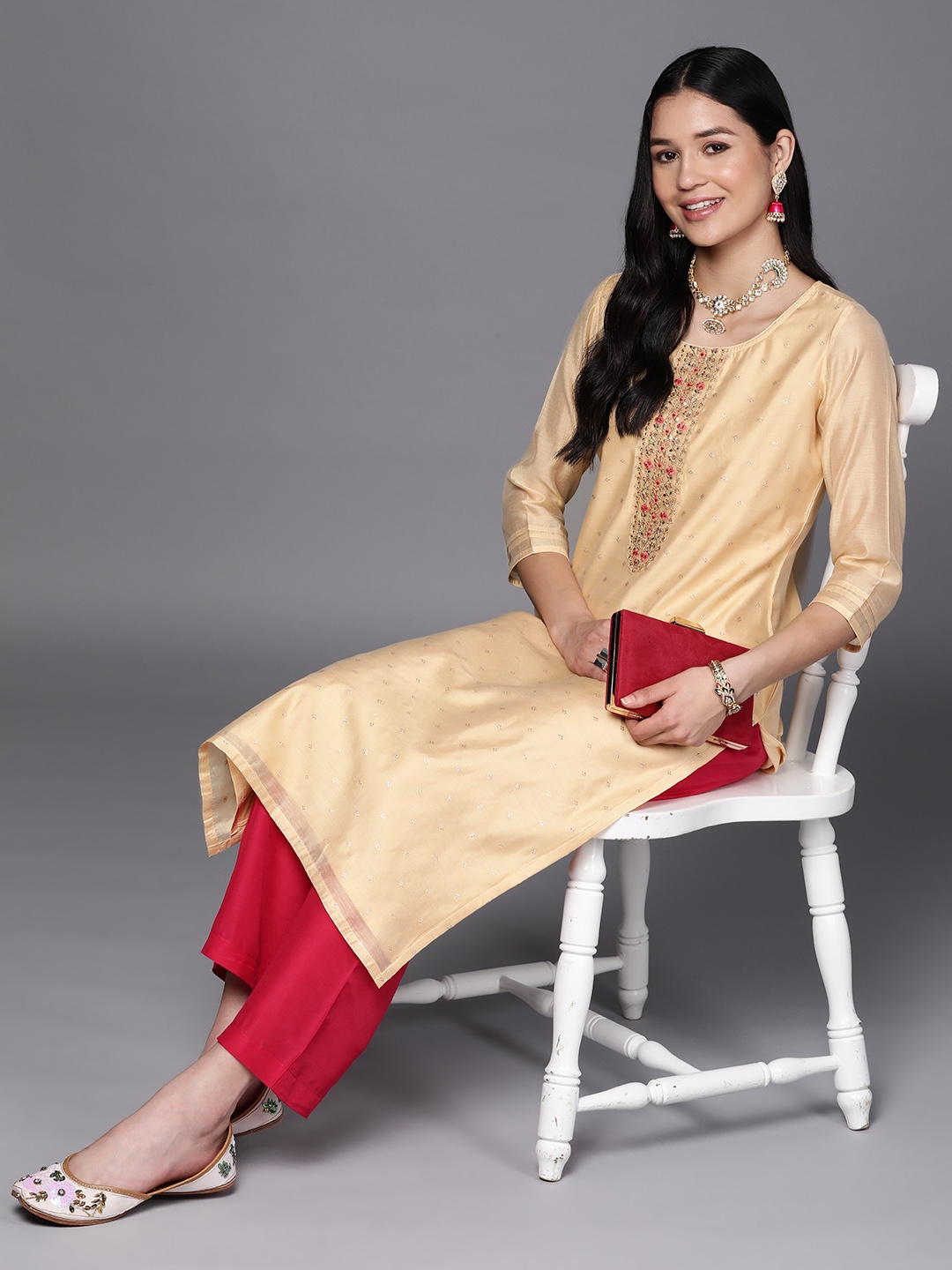 Libas Women Ethnic Motifs Sequins Embroidered Pastels Chanderi Silk Kurta - Kurtas for Women 21585256 | Myntra