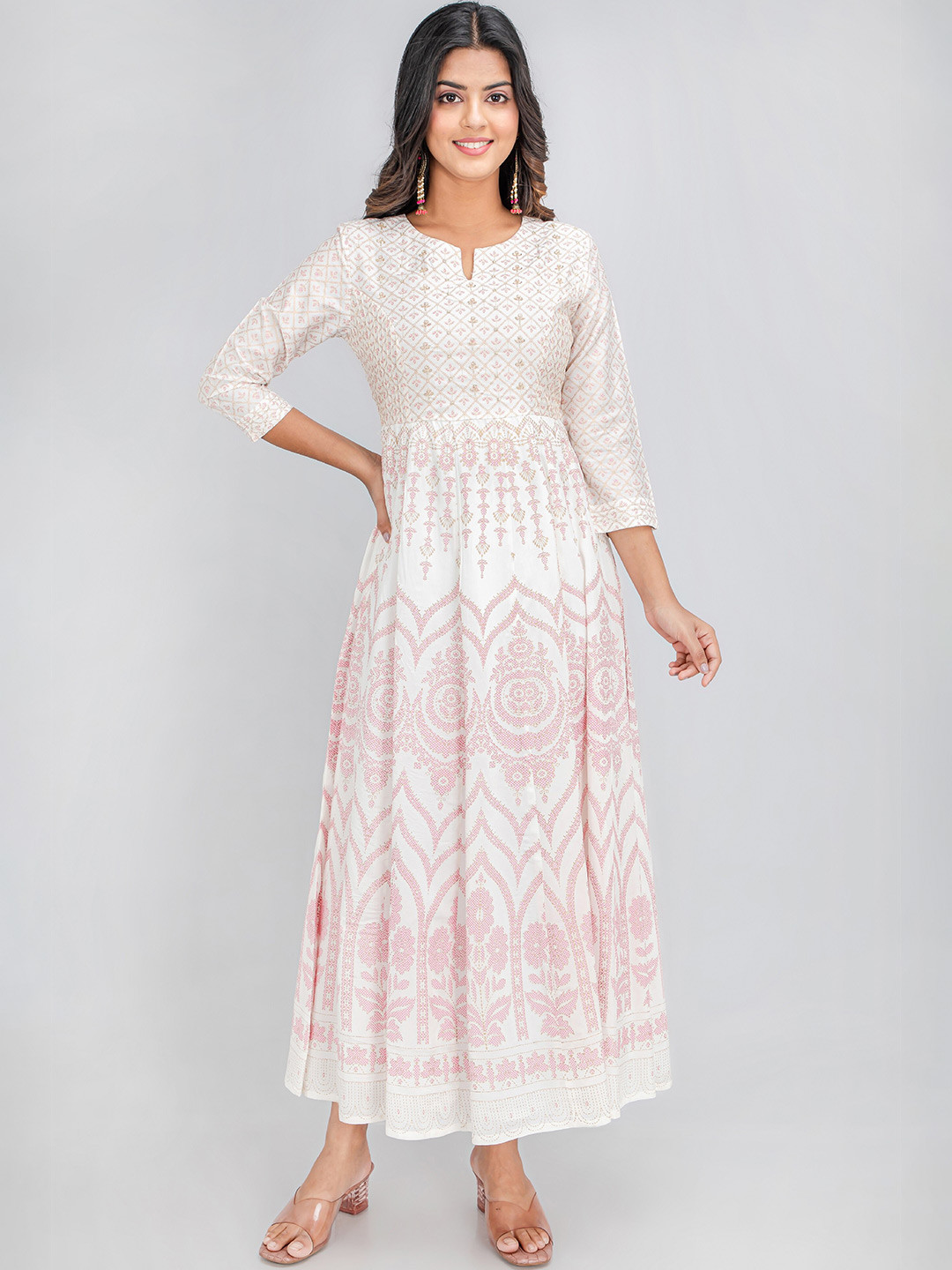 SUTI Ethnic Motifs Self Design Notch Neck Silk Maxi Ethnic Dress