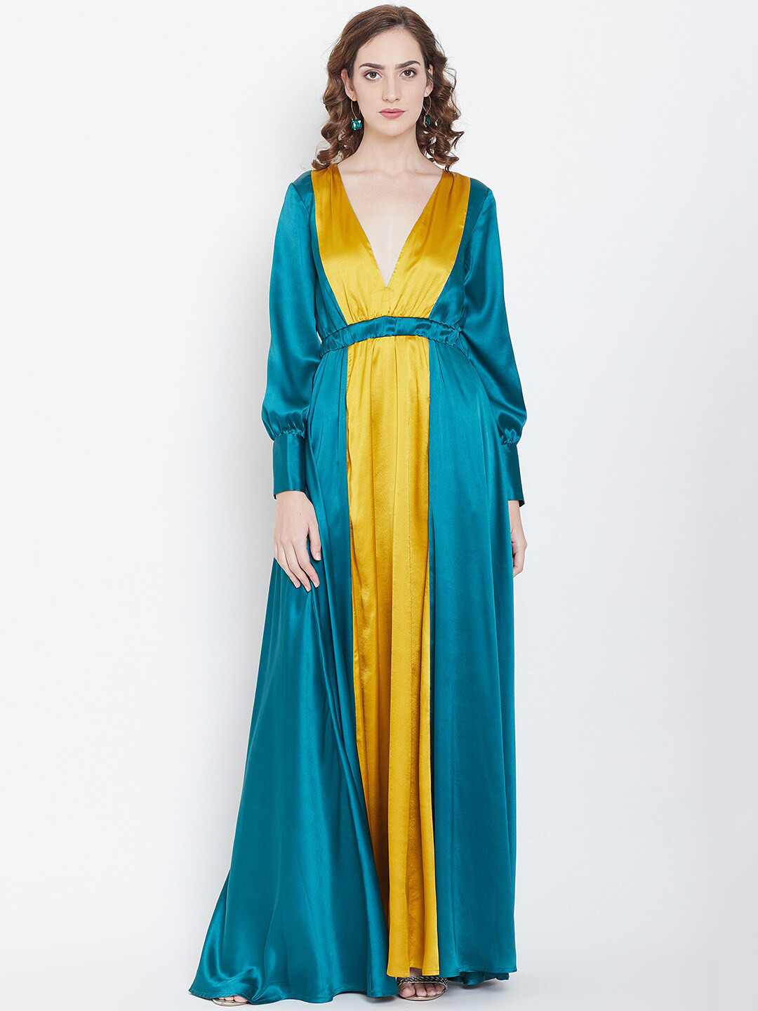 DODO & MOA Colourblocked Belted Cuffed Sleeves Maxi Dress