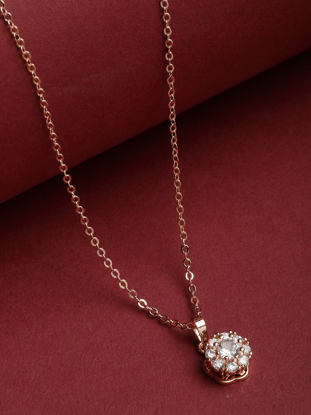 VOGUE PANASH Rose Gold-Plated CZ-Studded Solitaire Circular-Charm Pendant With Chain