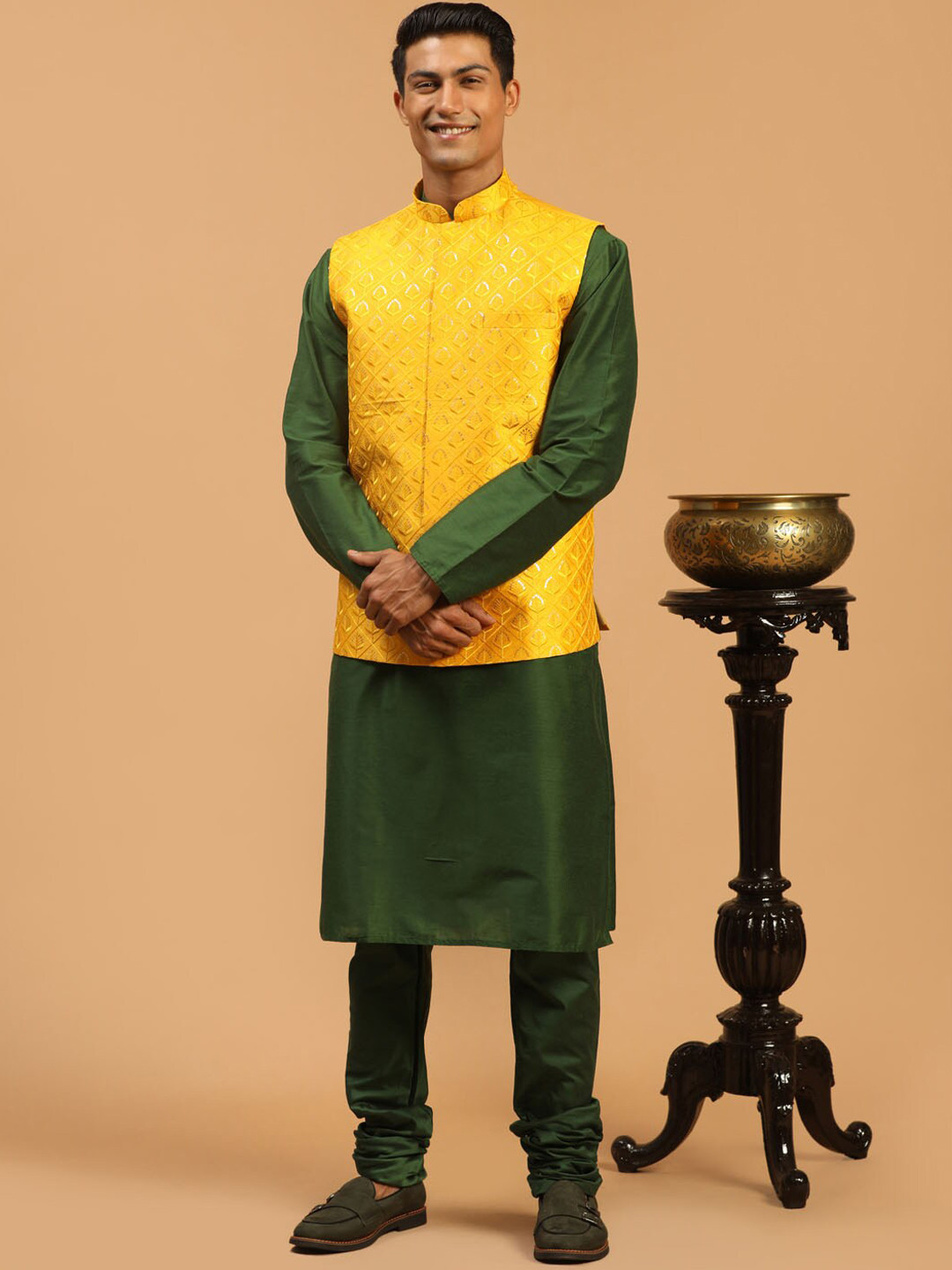VASTRAMAY Men Kurta And Churidar With Sequined Embroiderd Nehru Jacket