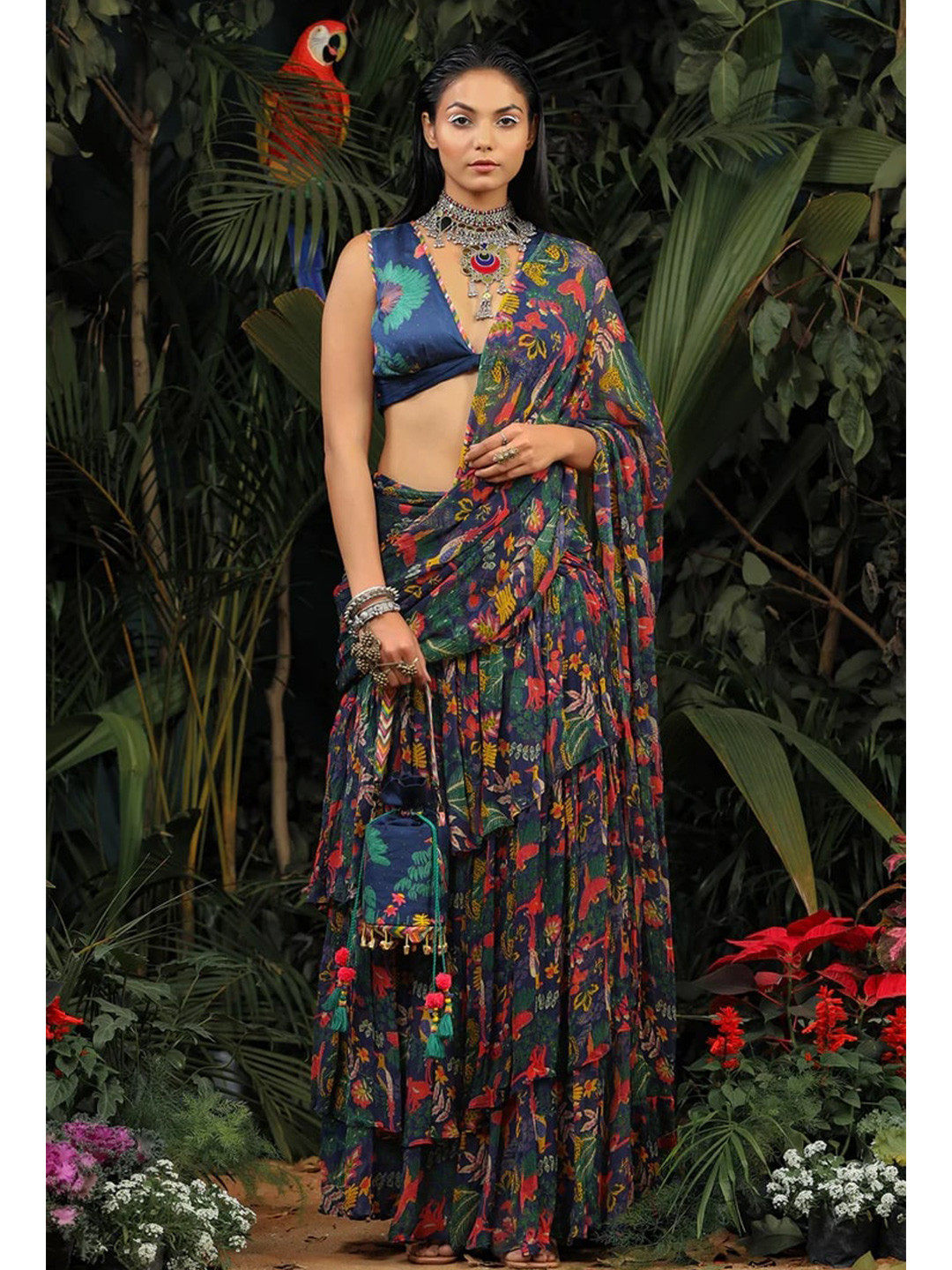Baise Gaba Blue & Green Floral Saree