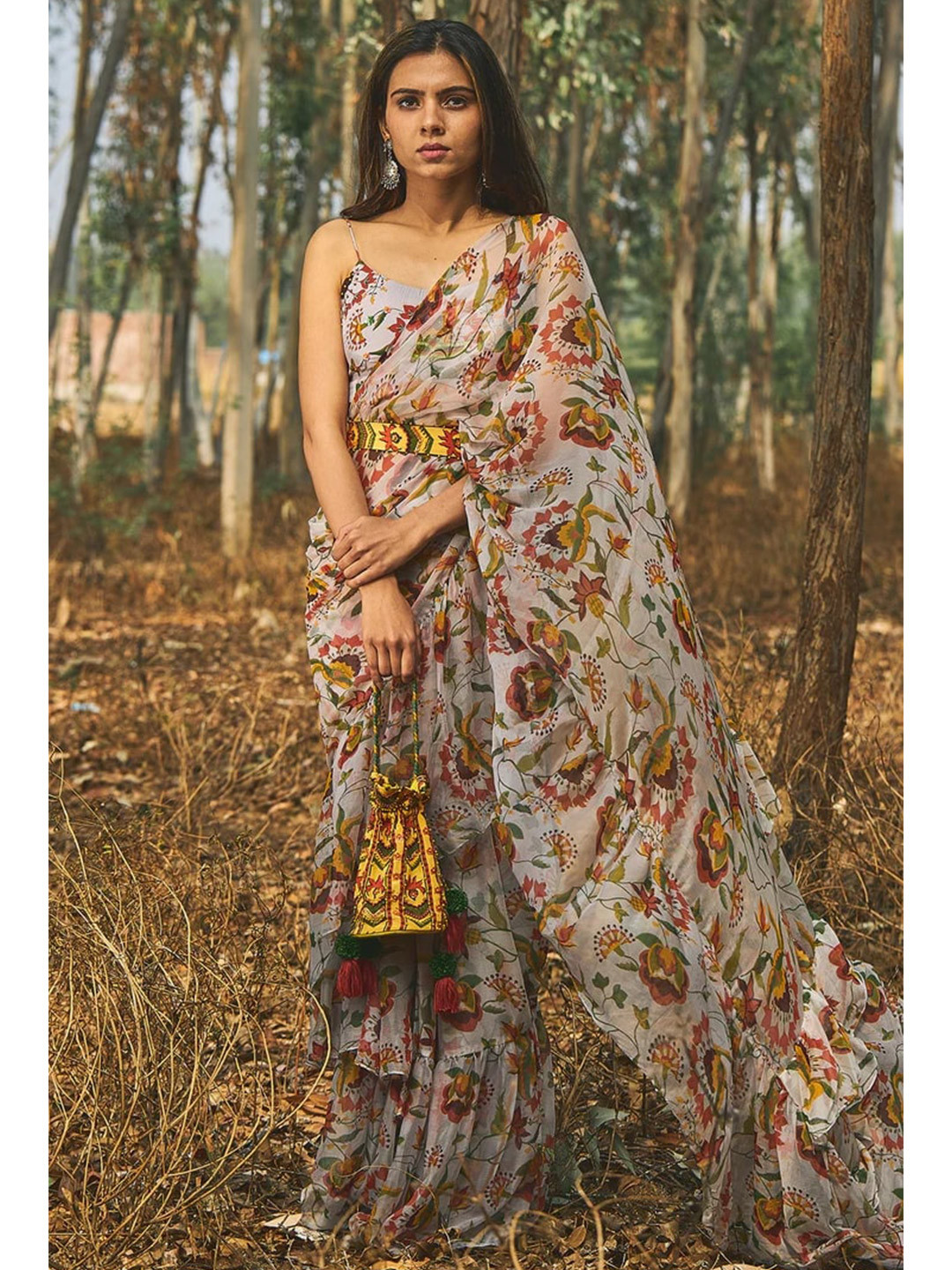 Baise Gaba Grey & Red Floral Saree