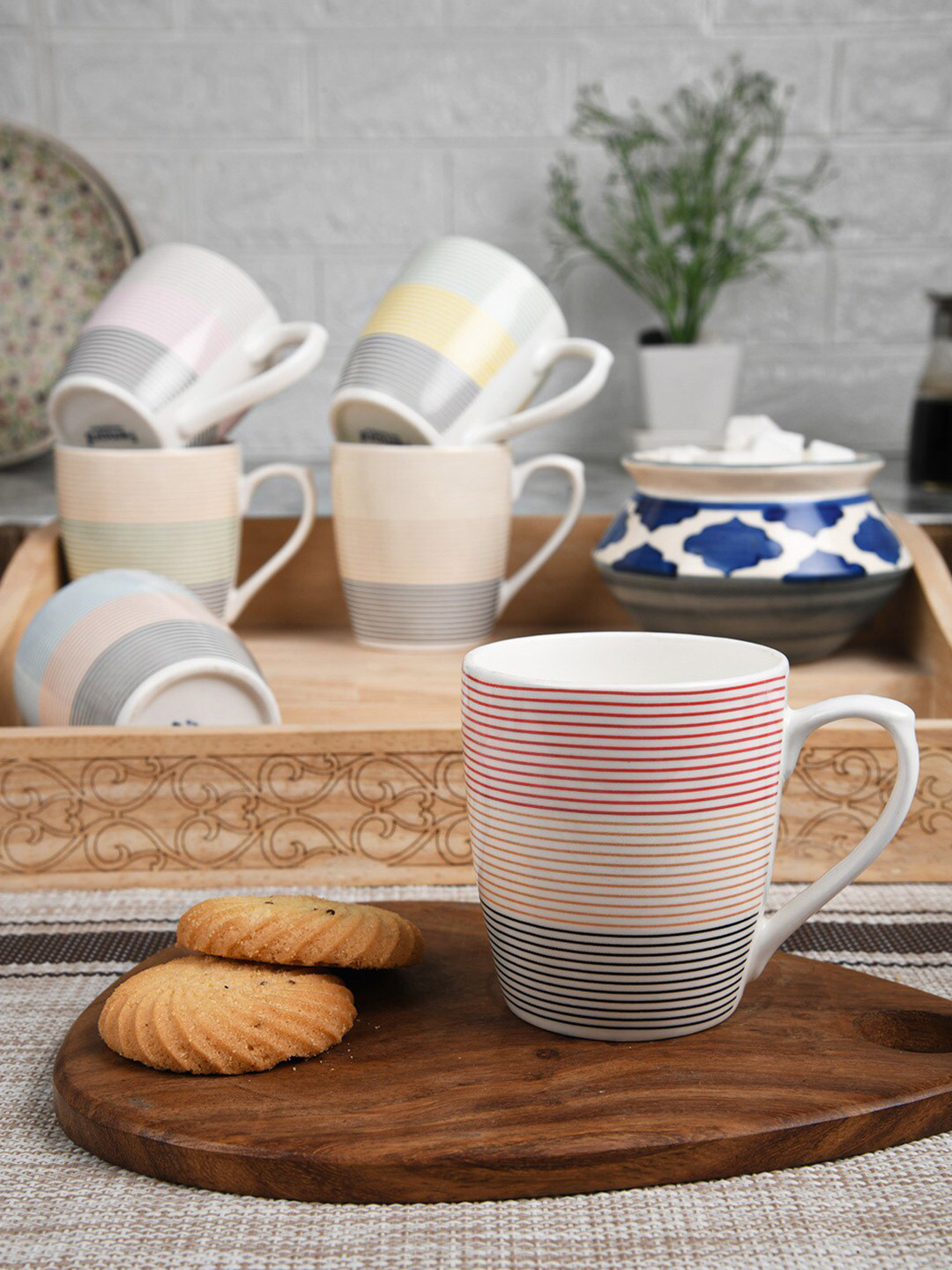 Femora Amrit Name Personalised White Striped Bone China Handmade 6 Piece Cups-160ml