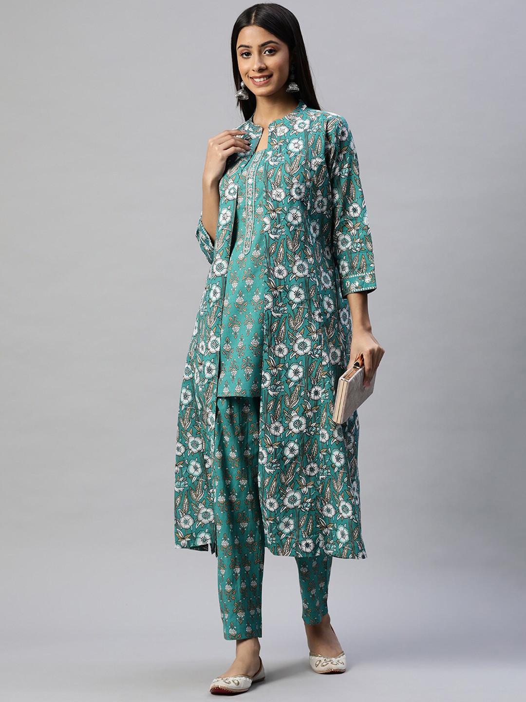 Divena Floral Printed Mirror Work Pure Cotton Kurta with Trousers and Jacket