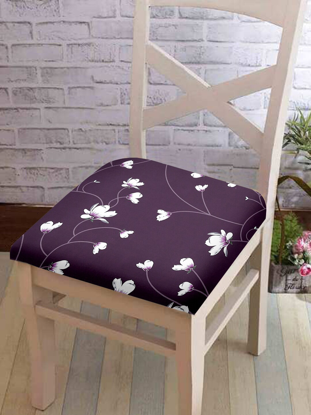 Cortina Purple & White 2 Pcs Floral Printed Chair Cover