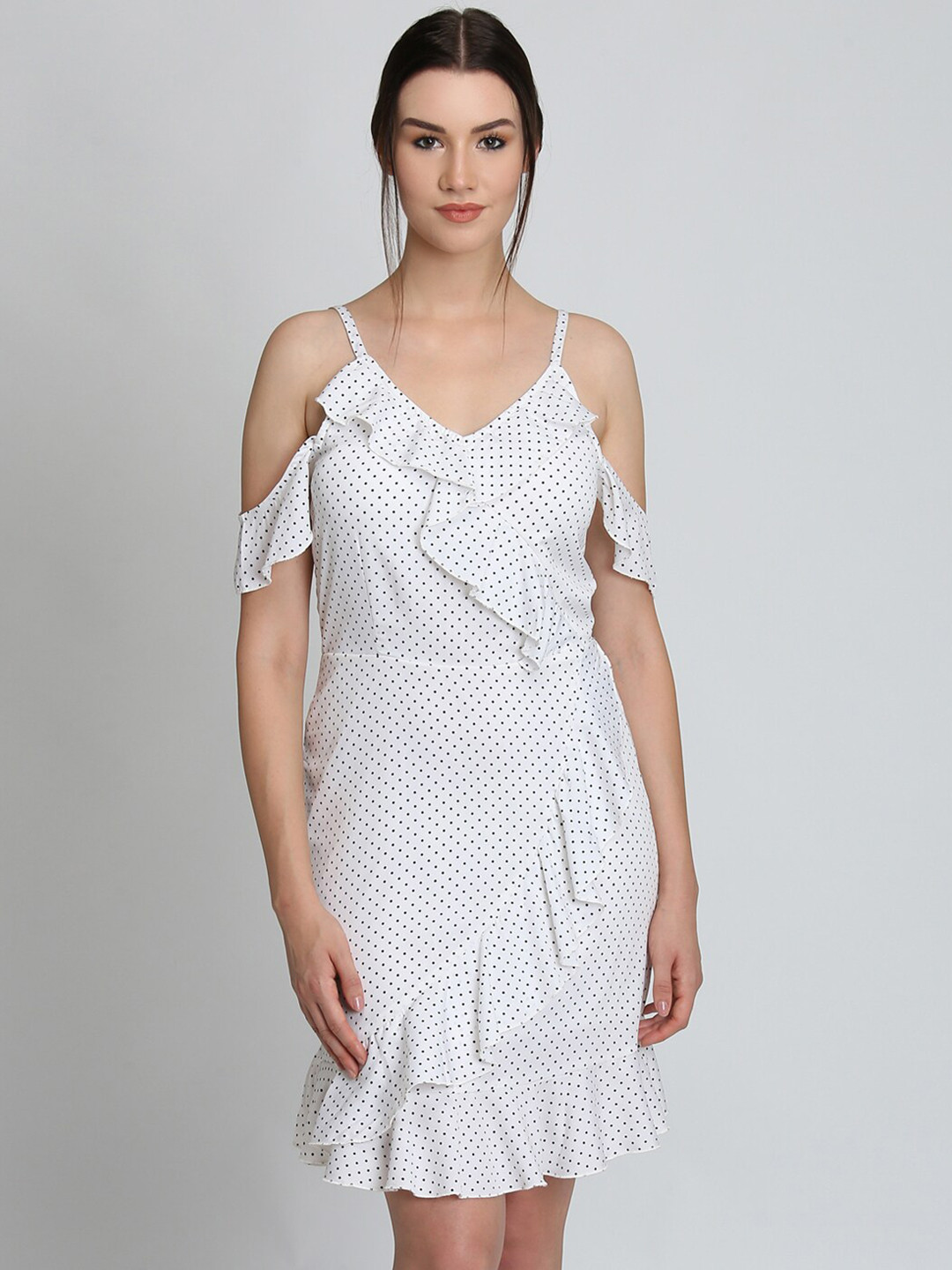 DODO & MOA Polka Dot Ruffled Cold-Shoulder Dress