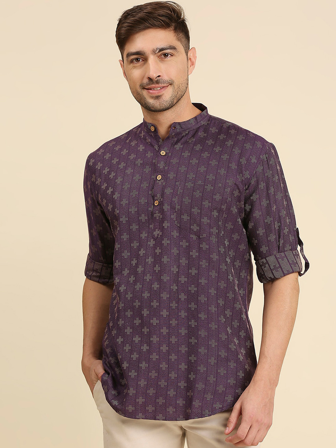 RAJUBHAI HARGOVINDAS Men Woven Design Above Knee Length Regular Cotton Kurta