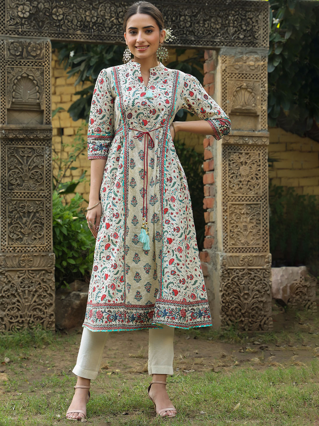 Juniper Floral Printed A-Line Kurta with Tie-Up Detail