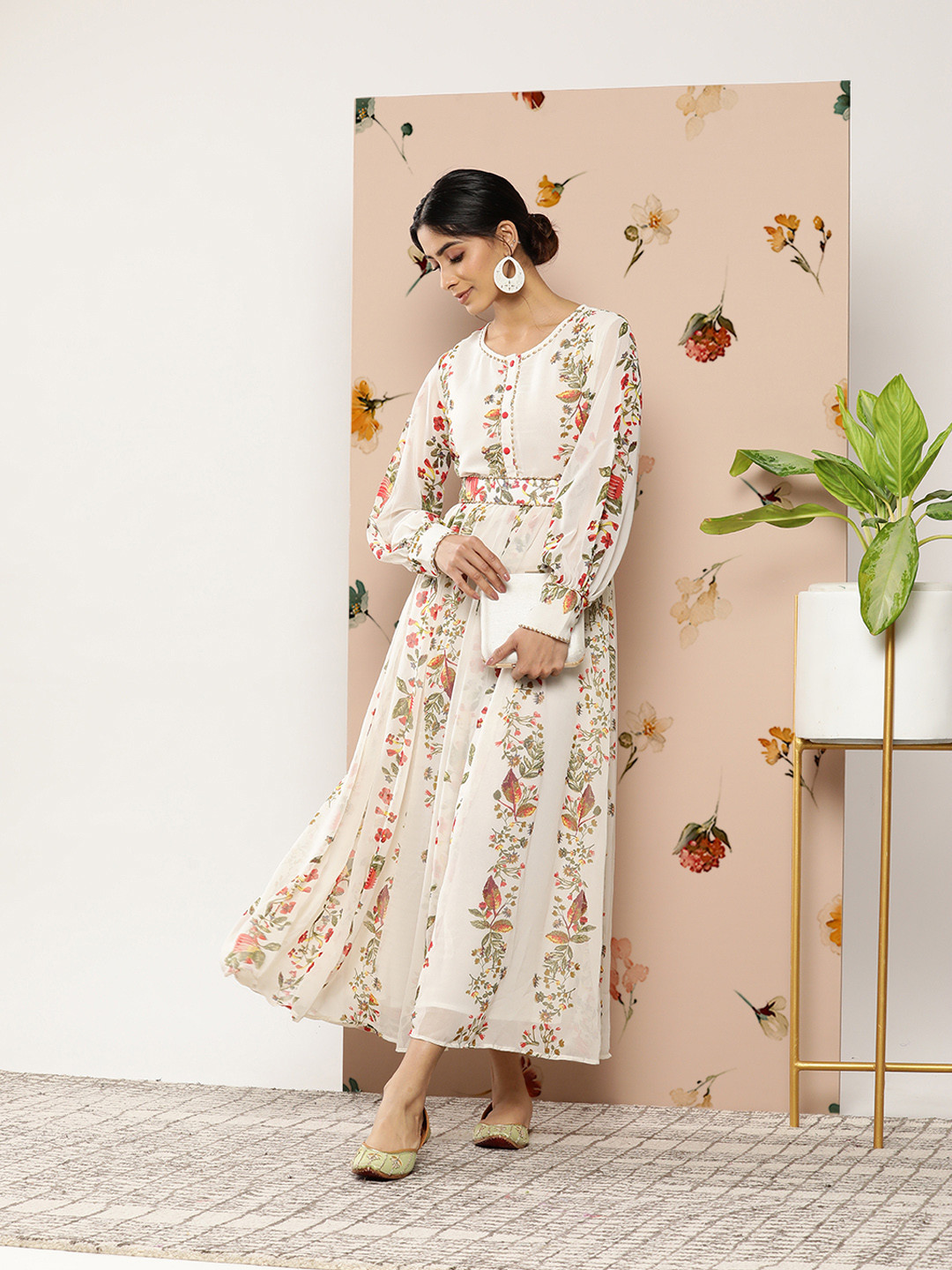 Juniper Women Off White Chiffon Printed Dress