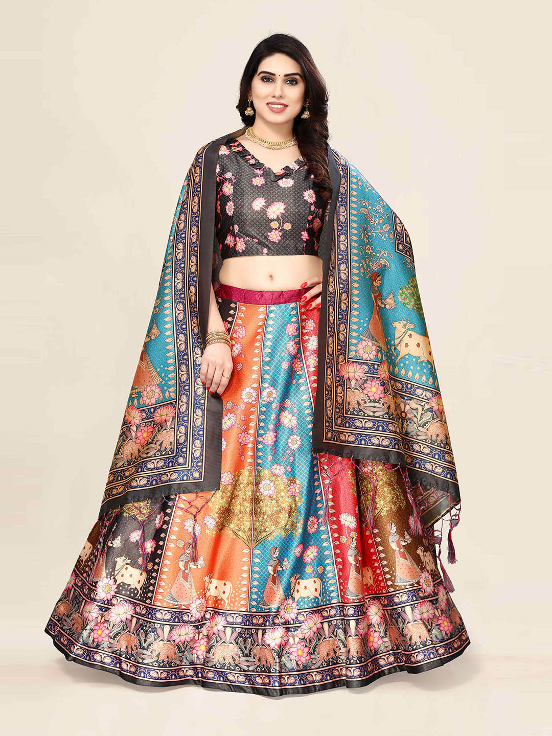Kaizen TEXO FAB Grey & Blue Printed Semi-Stitched Lehenga & Unstitched Blouse With Dupatta