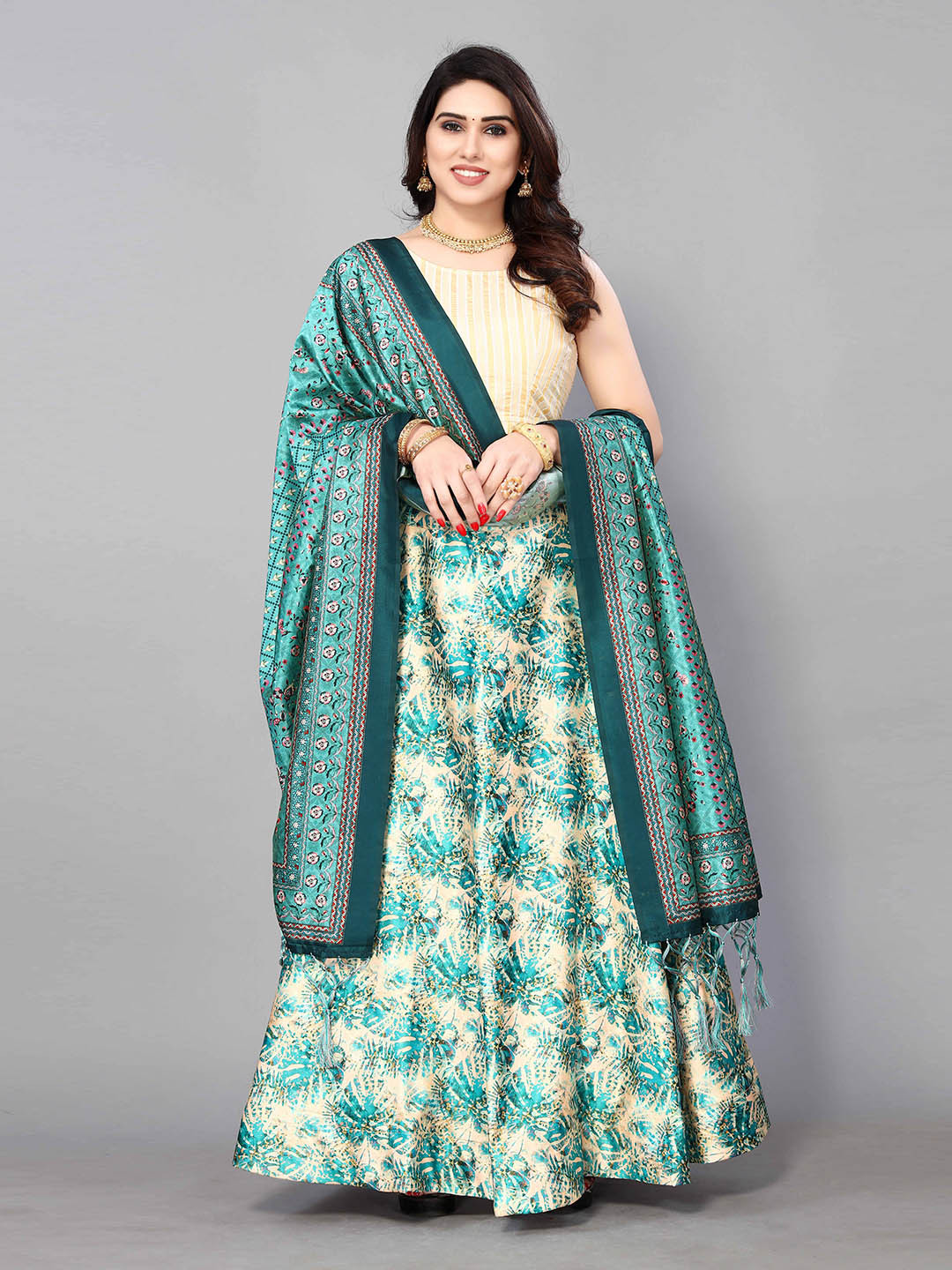 Kaizen TEXO FAB Teal & Cream-Coloured Printed Semi-Stitched Lehenga & Unstitched Blouse With Dupatta