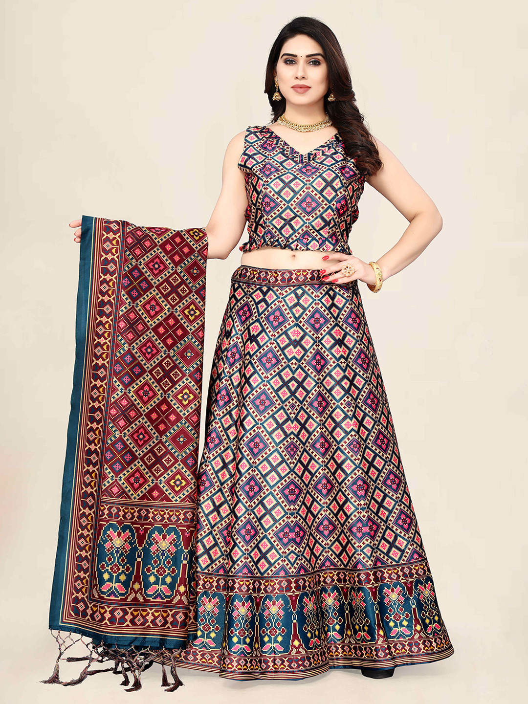 Kaizen TEXO FAB Purple & Green Printed Semi-Stitched Lehenga & Unstitched Blouse With Dupatta