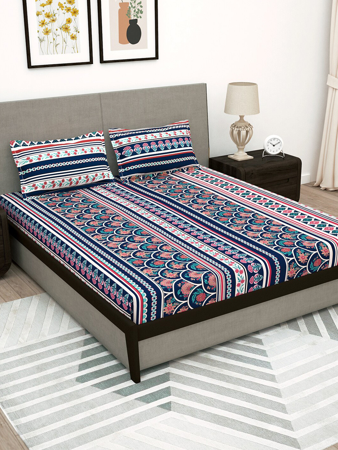 Story@home Arena Blue Floral Polyester 180 TC Queen Fine Bedsheet with 2 Pillow Covers-89 x 98 inches