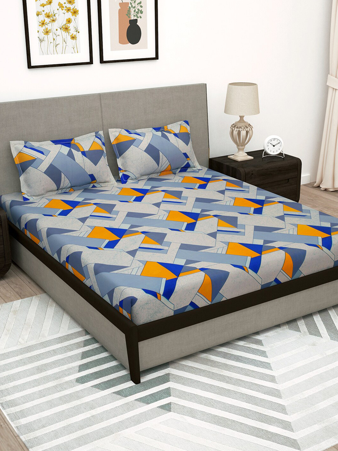 Story@home Trident Comfort Living Grey Geometric Polyester 180 TC Queen Fine Bedsheet with 2 Pillow Covers-89 x 98 inches