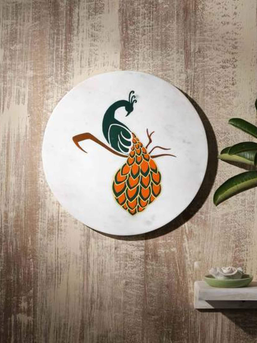 POSH-N-PLUSH White & Orange Color Me Peacock Painted Marble Wall Art