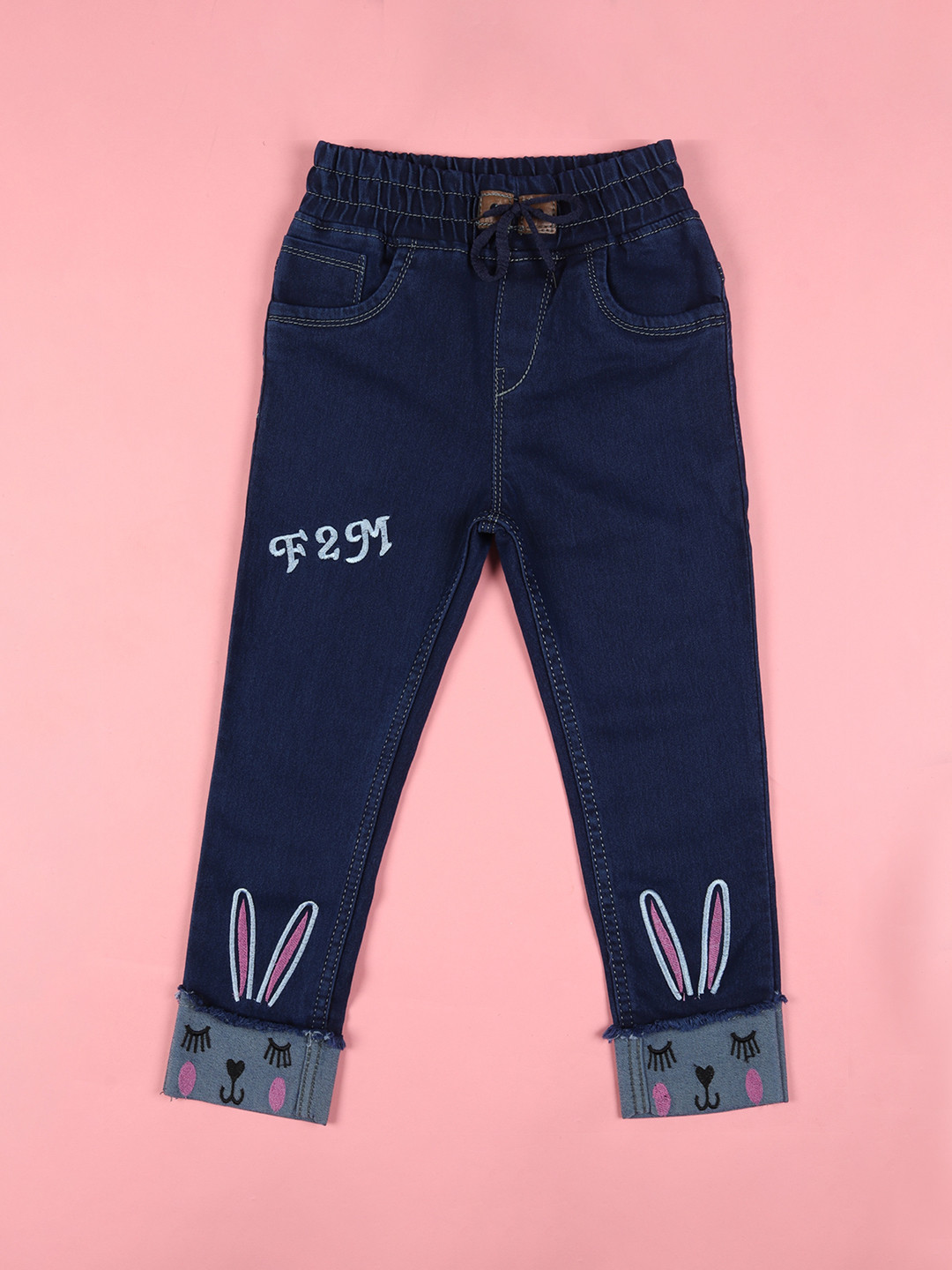 F2M Boys Slim Fit High-Rise Embroidered Cuffed Hem Cotton Jeans