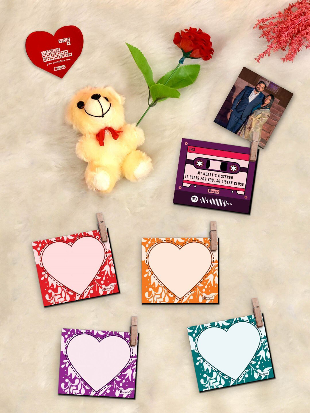 Indigifts 8 Pcs Red & Yellow Valentine Photo Clips Rose Greeting Card & Teddy