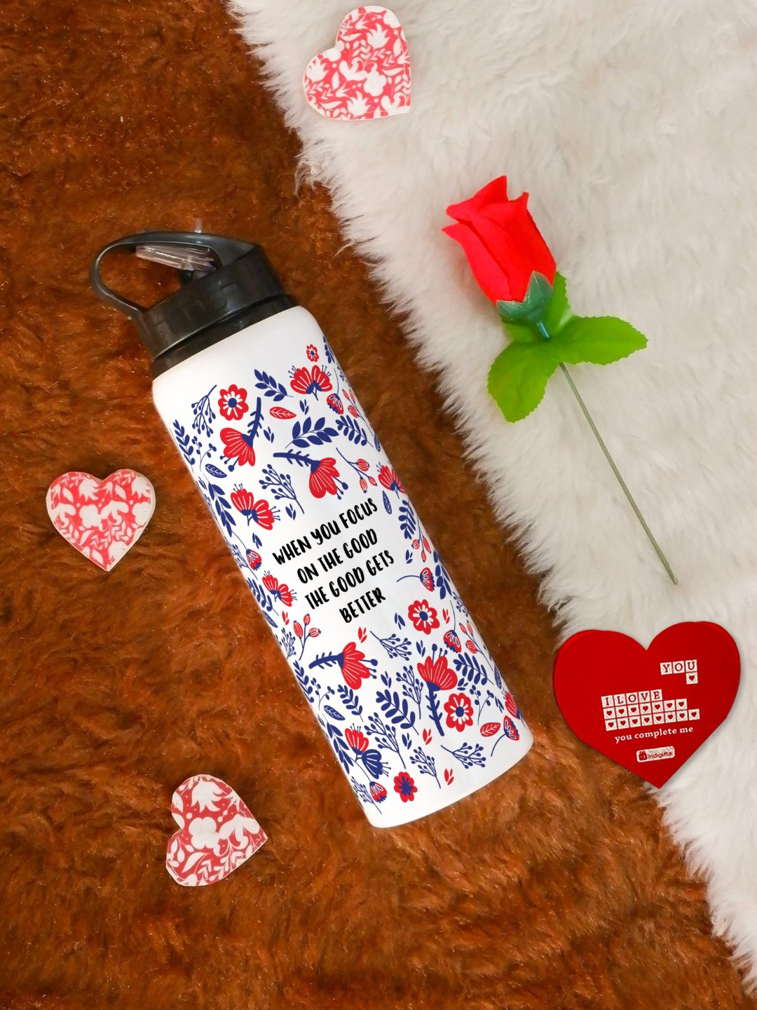 Indigifts 3 Pcs Valentine White Sipper Water Bottle Red Rose & Greeting Card 750 ml