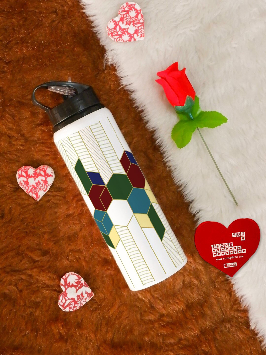 Indigifts Couple Gifts Hamper White and Green 3 Pcs Water Bottle With Rose & Greeting Card