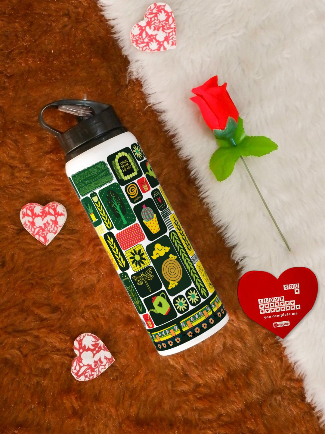 Indigifts 3 Pieces Green Printed Sipper Water Bottle Red Rose and Greeting Card