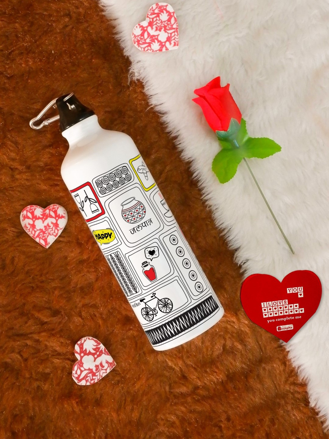 Indigifts Couple Gift Hamper Water Bottle Rose and Greeting Card 750 ml