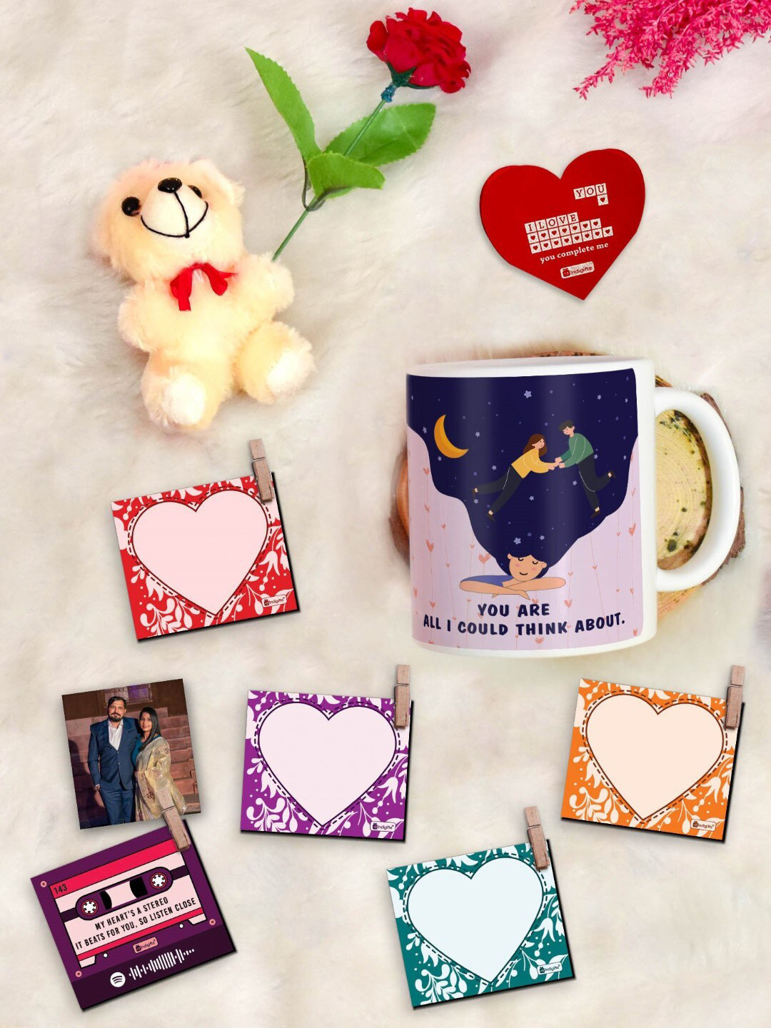 Indigifts 9 Pieces Blue & Rose Coffee Mug and Photo Clip, Rose, Greeting Card and Teddy