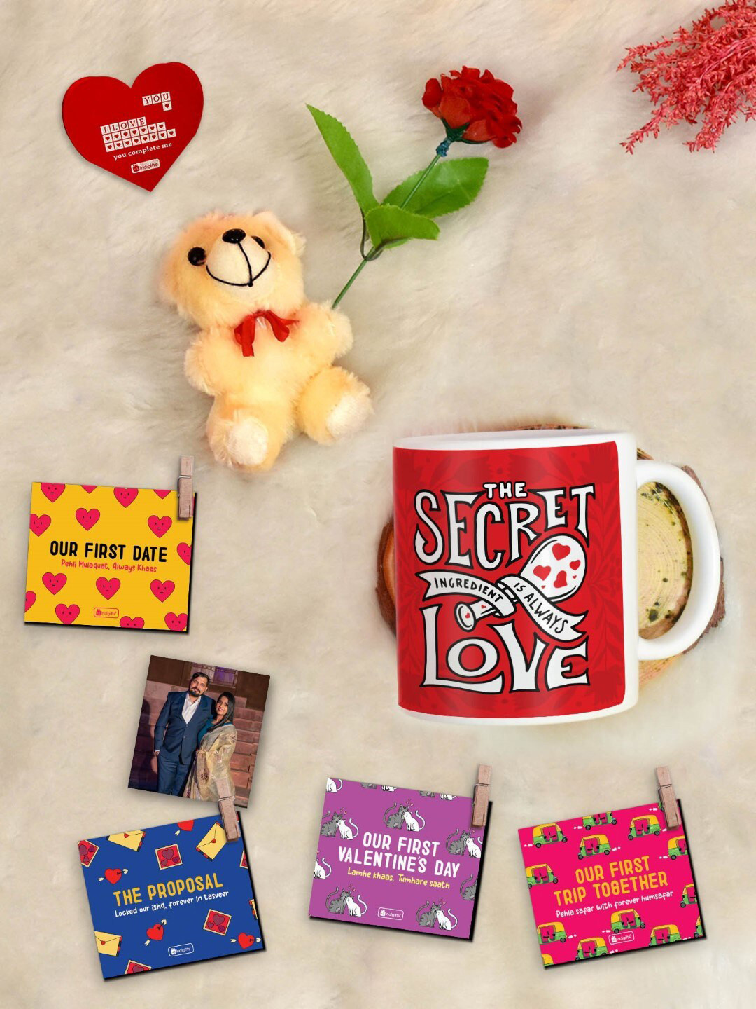 Indigifts 8 Pcs Red Valentine Coffee Mug and Photo Clip Rose Greeting Card and Teddy