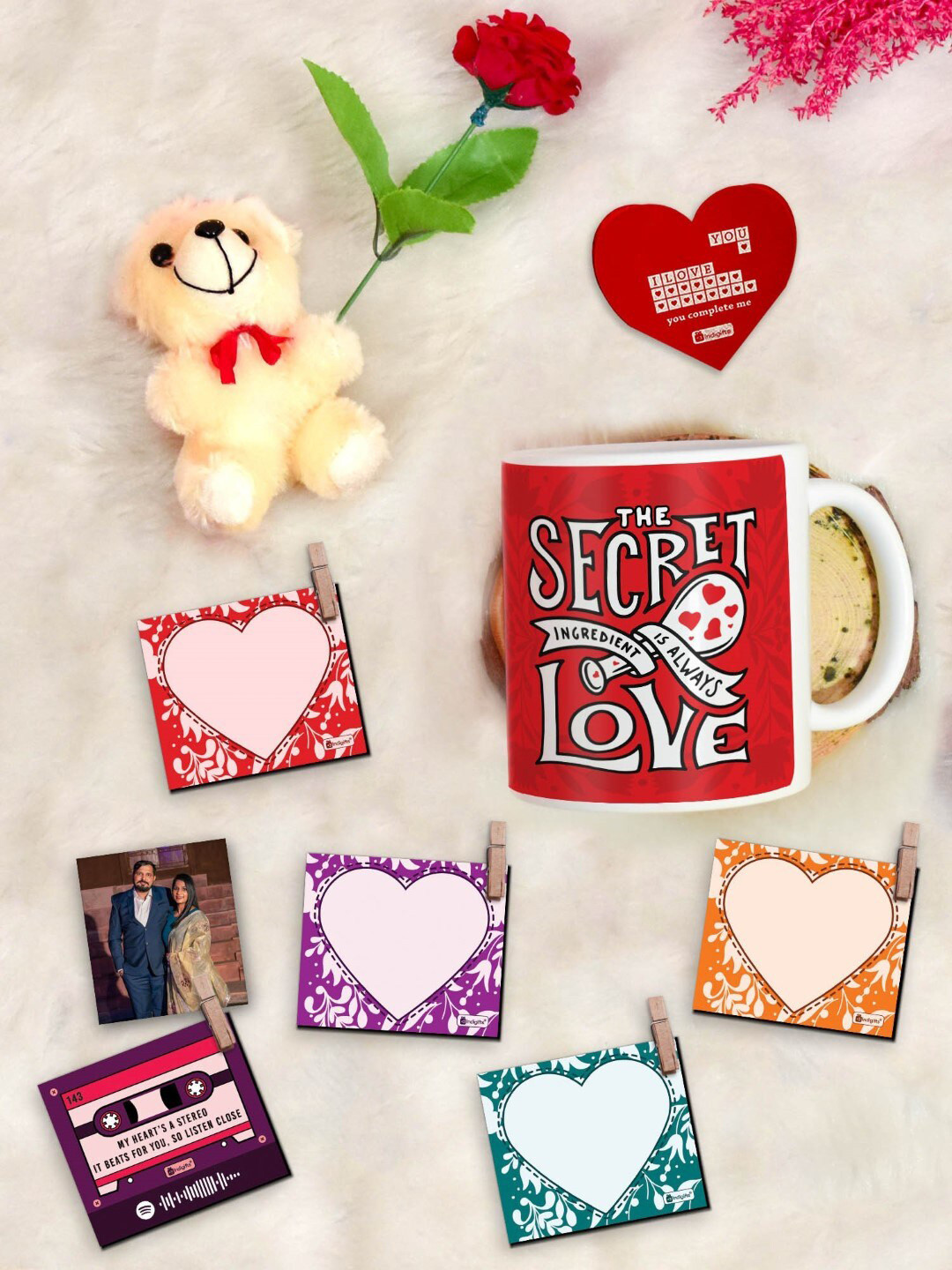 Indigifts Red & White 9 Pieces Coffee Mug and Photo Clips Rose Greeting Card and Teddy