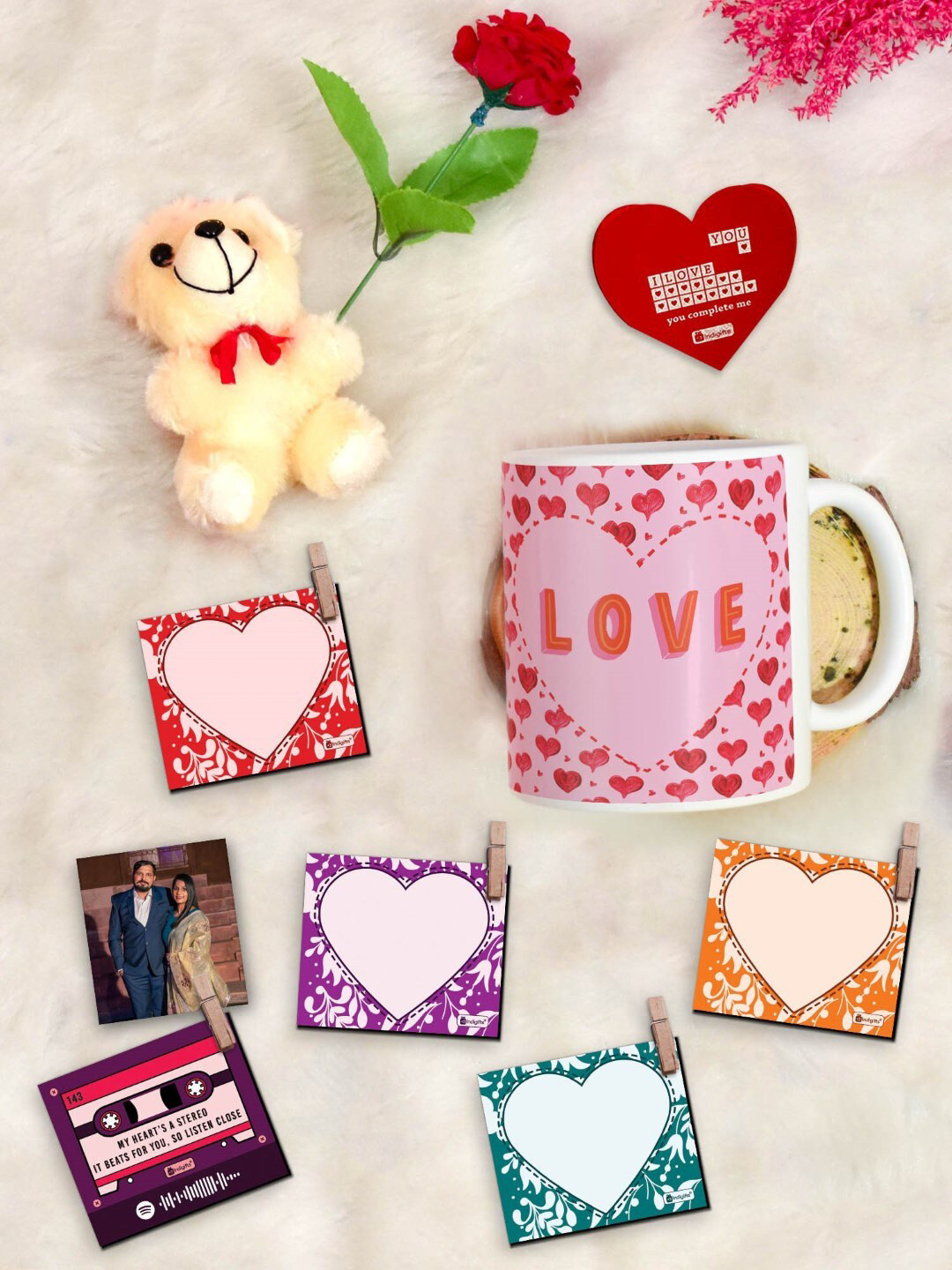 Indigifts 9 Pcs Red Valentine Coffee Mug and Photo Clip Rose Greeting Card and Teddy