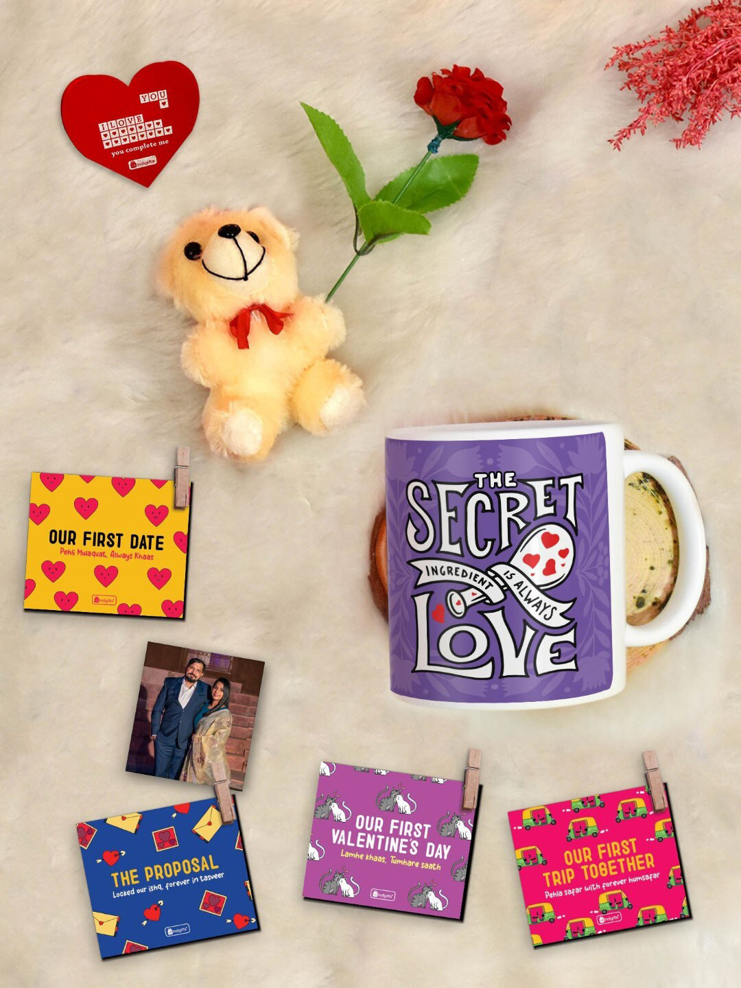 Indigifts Purple & White 8 Pieces Coffee Mug and Photo Clips Rose Greeting Card and Teddy