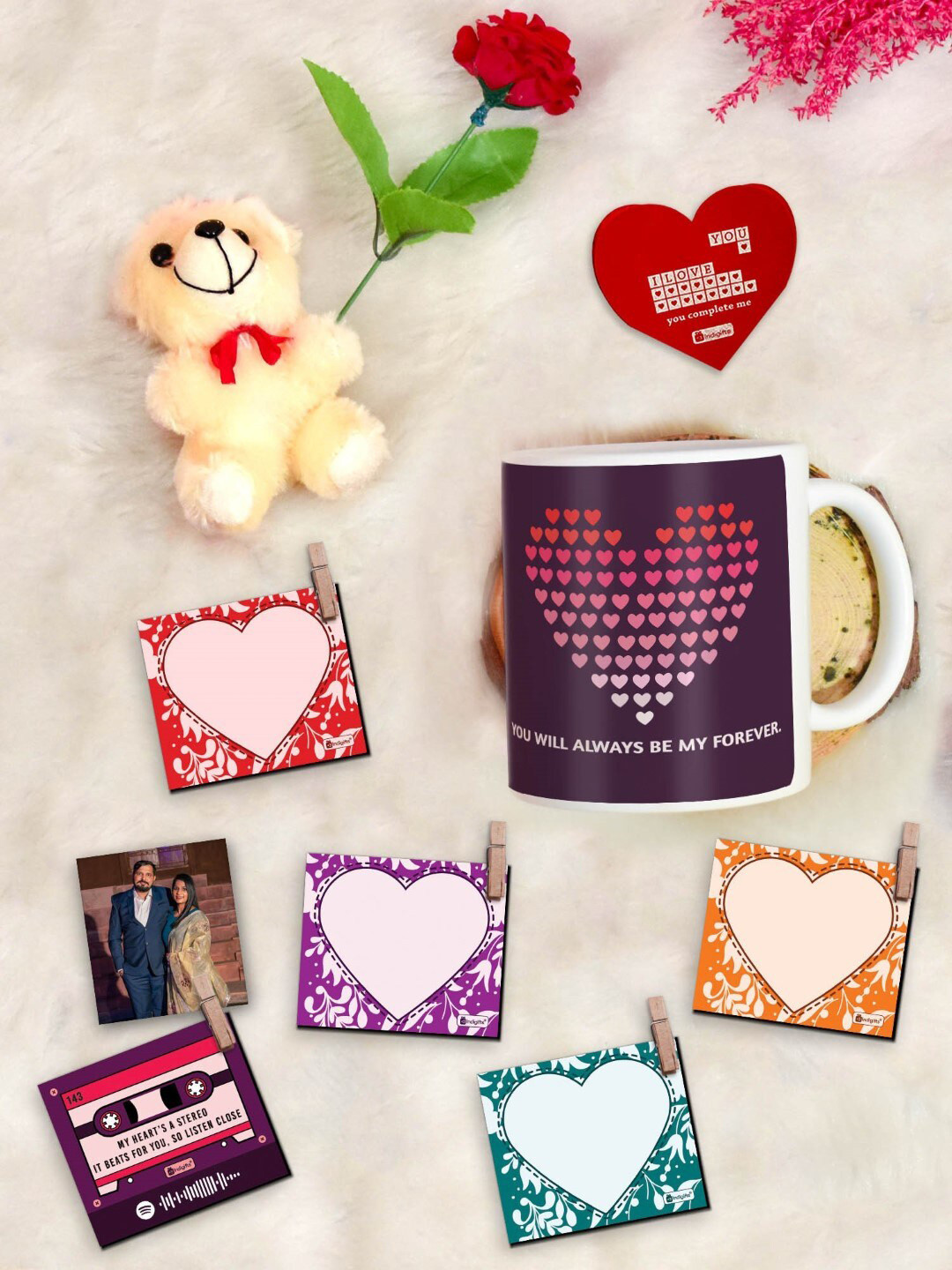 Indigifts 9 Pcs Purple Valentine Coffee Mug Photo Clips Rose Greeting Card and Teddy