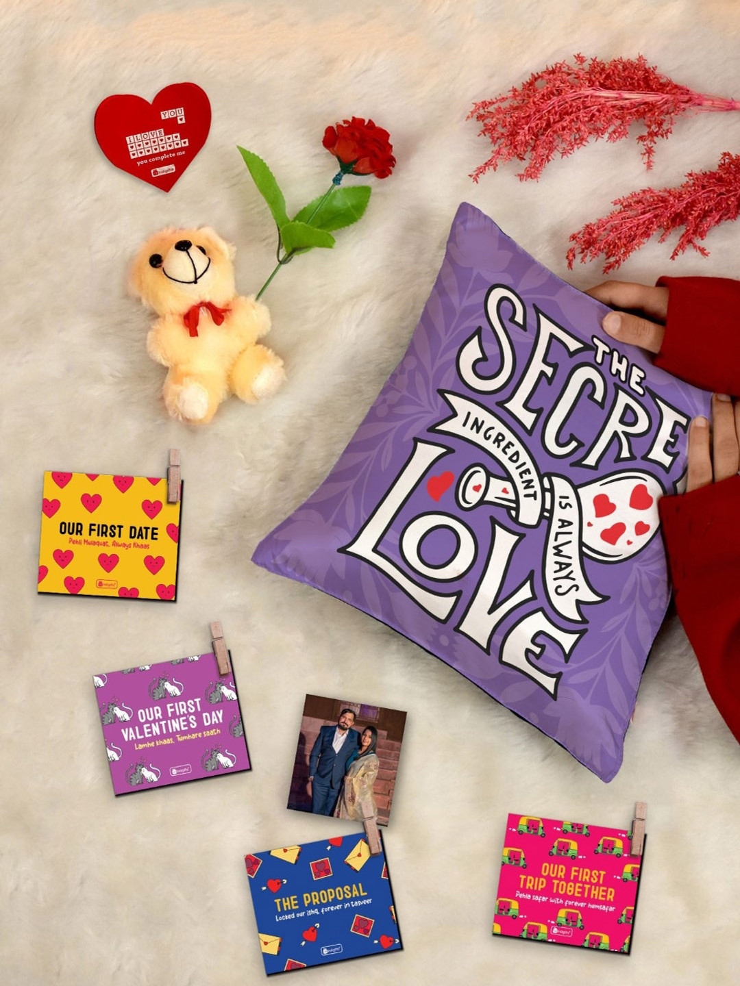 Indigifts 8 Pieces Purple & Cream Cushion Cover Teddy Greeting Card Rose & 4 Photo Clips